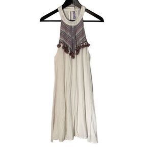 Alya Womens Halter Dress Embroidered Fringe Tassel Sleeveless Boho Cream‎ Medium
